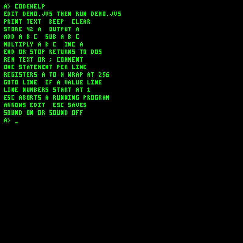 CODEHELP showing JVS syntax and opcodes