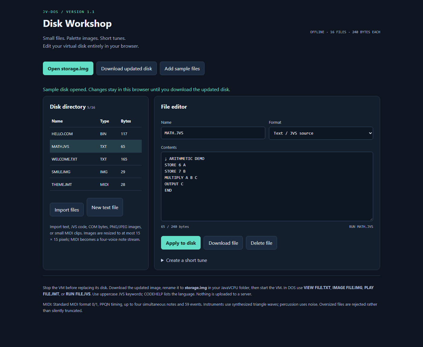 Disk Workshop with sample directory and MATH.JVS source selected
